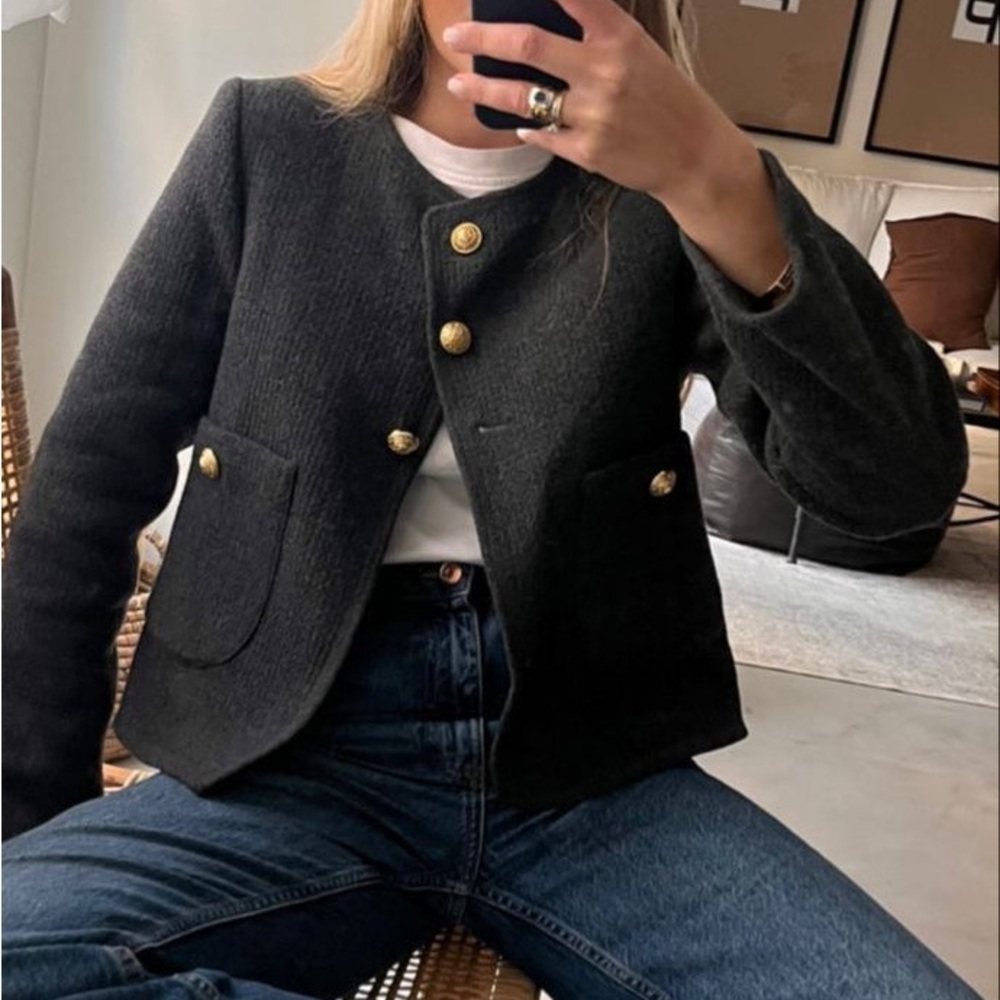 BNWOT Zara Tweed Navy Gold Button-Up Jacket